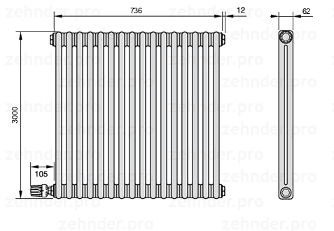 Схема (чертеж) Радиатор Zehnder Charleston 2300/16 №V004 Белый глянцевый RAL 9016